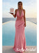 Elegant Pink Soft Satin Halter Sheer Lace Waist Mermaid Maxi Dress for Formal Event, PD01250