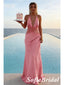 Elegant Pink Soft Satin Halter Sheer Lace Waist Mermaid Maxi Dress for Formal Event, PD01250