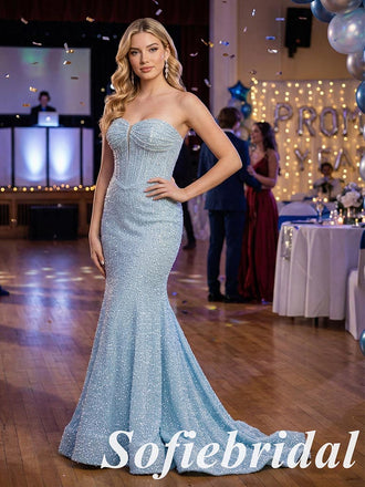 Elegant Light Blue Sequin Mermaid Prom Dress, Strapless Corset Beaded Formal Gown for Women, PD01260