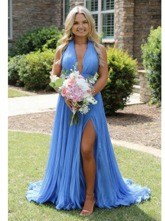Flowy Sky Blue Halter Pleated Chiffon Dress | High Slit Backless Formal Evening Gown, PD01237