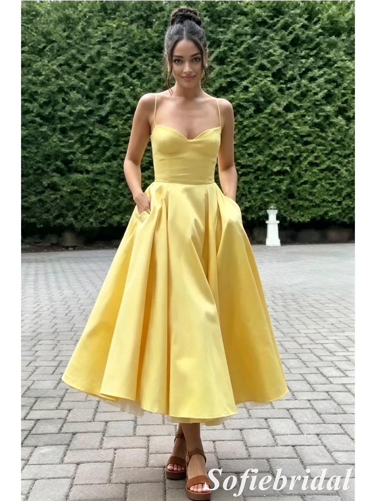 Spaghetti Strap Sweetheart Satin Midi Prom Dress A-Line Formal Bridesmaid Gown, PD01283