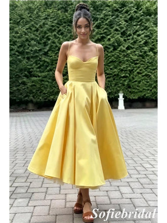 Spaghetti Strap Sweetheart Satin Midi Prom Dress A-Line Formal Bridesmaid Gown, PD01283