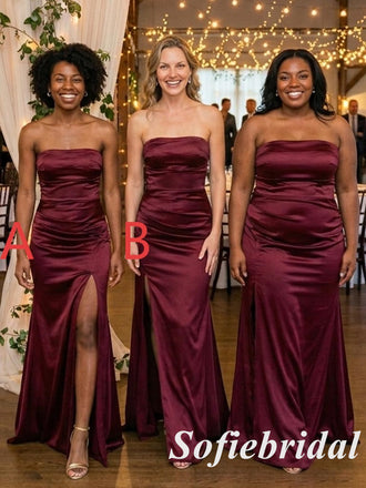 Mismatched Burgundy Satin Strapless Bridesmaid Dress With Slit For Wedding Guest, SFWG00637