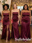 Mismatched Burgundy Satin Strapless Bridesmaid Dress With Slit For Wedding Guest, SFWG00637
