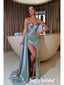 Elegant Elastic Satin Sweetheart V-Neck Sleeveless Side Slit Mermaid Long Prom Dresses, PD0908
