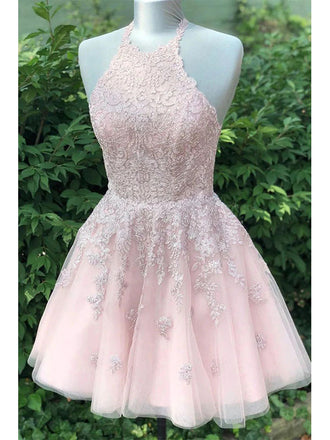 Sexy Tulle Halter A-Line Mini Dresses/ Homecoming Dresses With Lace, HD0269