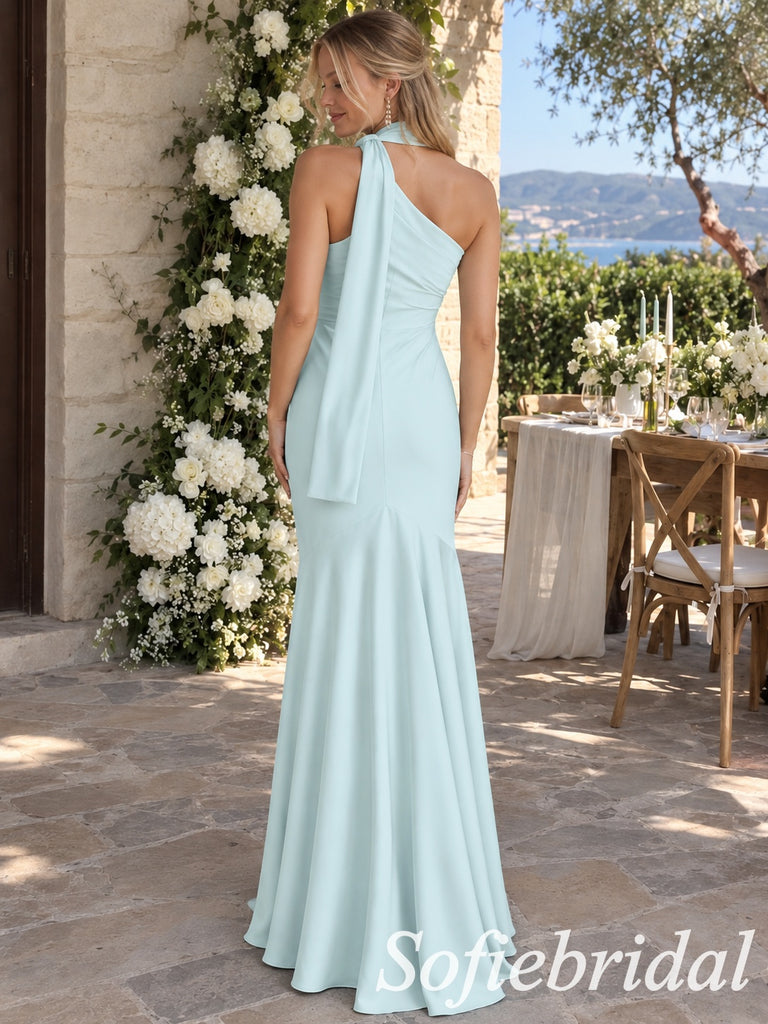 Light Blue One Shoulder Satin Mermaid Bridesmaid Dress, SFWG00714