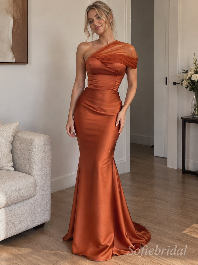 Caramel Satin One Shoulder Pleated Bodice Floor Length Mermaid Bridesmaid Dress, SFWG00722