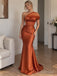 Caramel Satin One Shoulder Pleated Bodice Floor Length Mermaid Bridesmaid Dress, SFWG00722