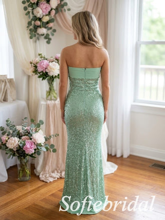 Strapless Tube Top Sage Green Sequin Mermaid Floor Length Bridesmaid Dress Gown,PD1354