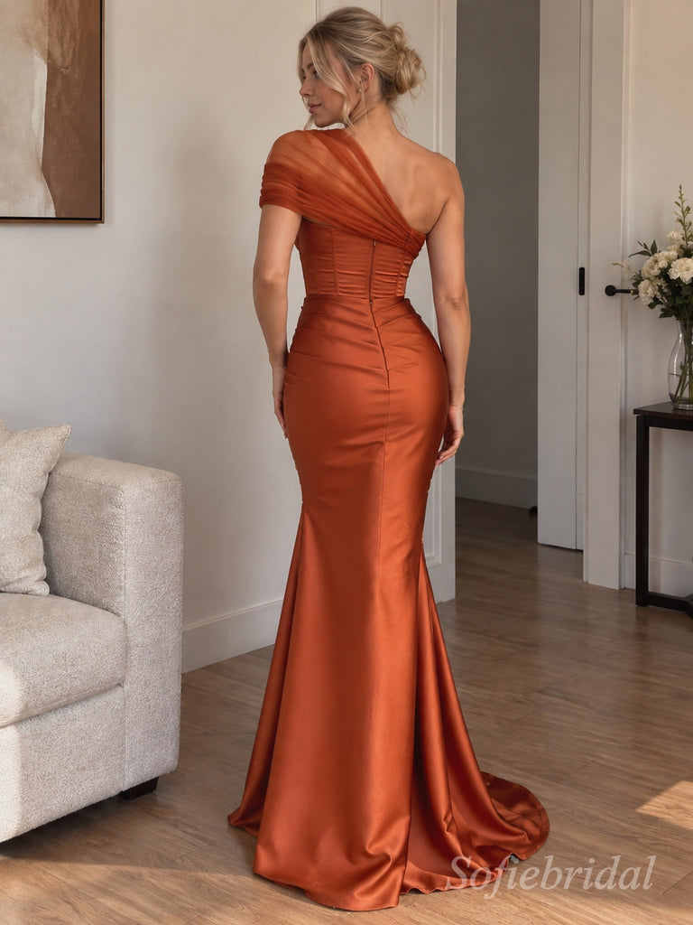 Caramel Satin One Shoulder Pleated Bodice Floor Length Mermaid Bridesmaid Dress, SFWG00722