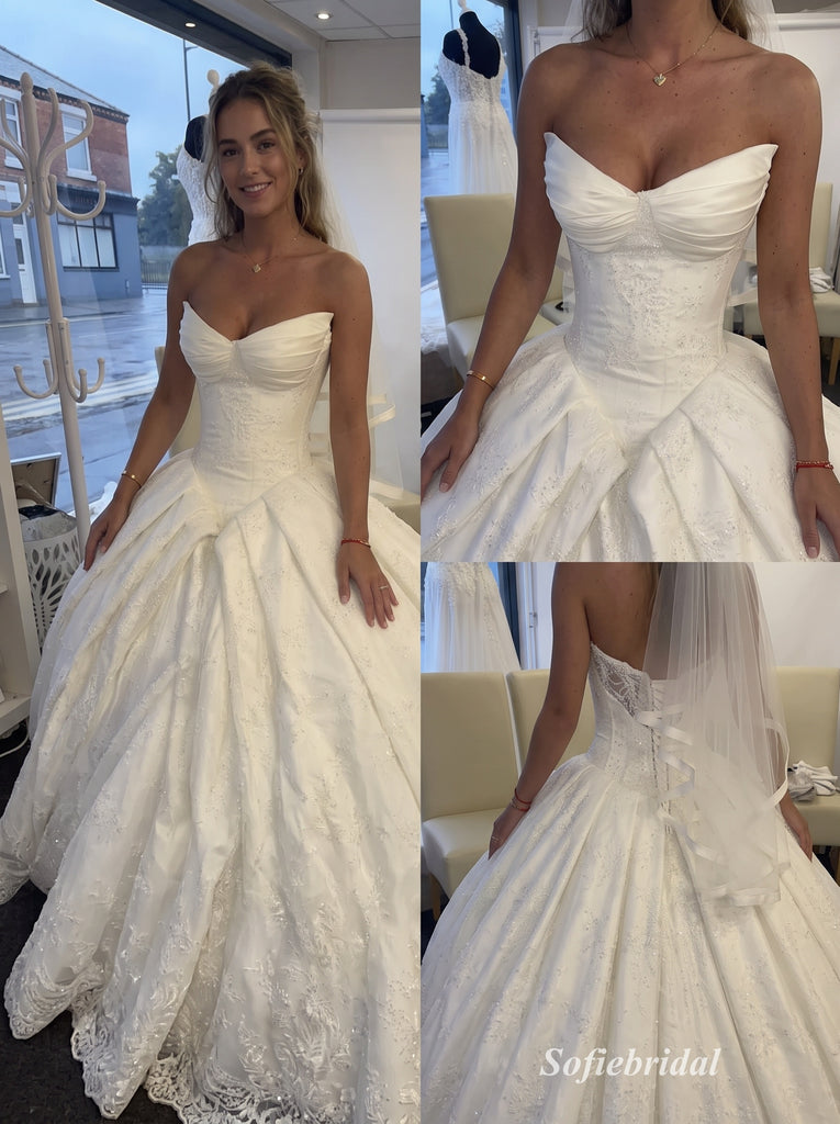 White Jacquard Satin Strapless Square Neck Structured Bodice Ball Gown Floor Length Wedding Dress,SFWD0107