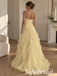 Pale Yellow Tulle Strapless Sweetheart Neck Ruched Bodice 3D Floral Ruffled Slit Floor Length A-Line Bridesmaid Gown,PD1350