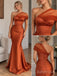 Caramel Satin One Shoulder Pleated Bodice Floor Length Mermaid Bridesmaid Dress, SFWG00722