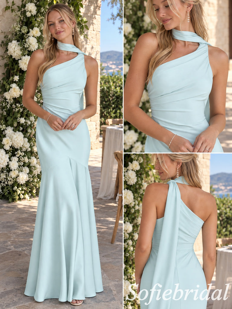 Light Blue One Shoulder Satin Mermaid Bridesmaid Dress, SFWG00714