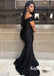 Elegant Black Soft Satin Off Shoulder V-Neck Mermaid Floor Length Bridesmaid Dresses, SFWG00580