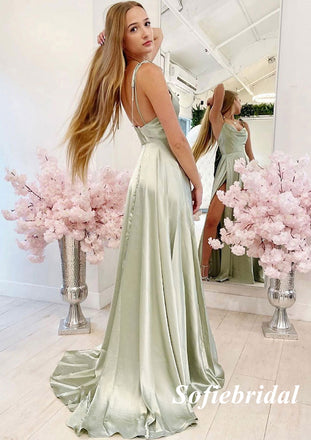 Sexy Spaghetti Straps Sleeveless Side Slit A-Line Long Prom Dresses, PD01001