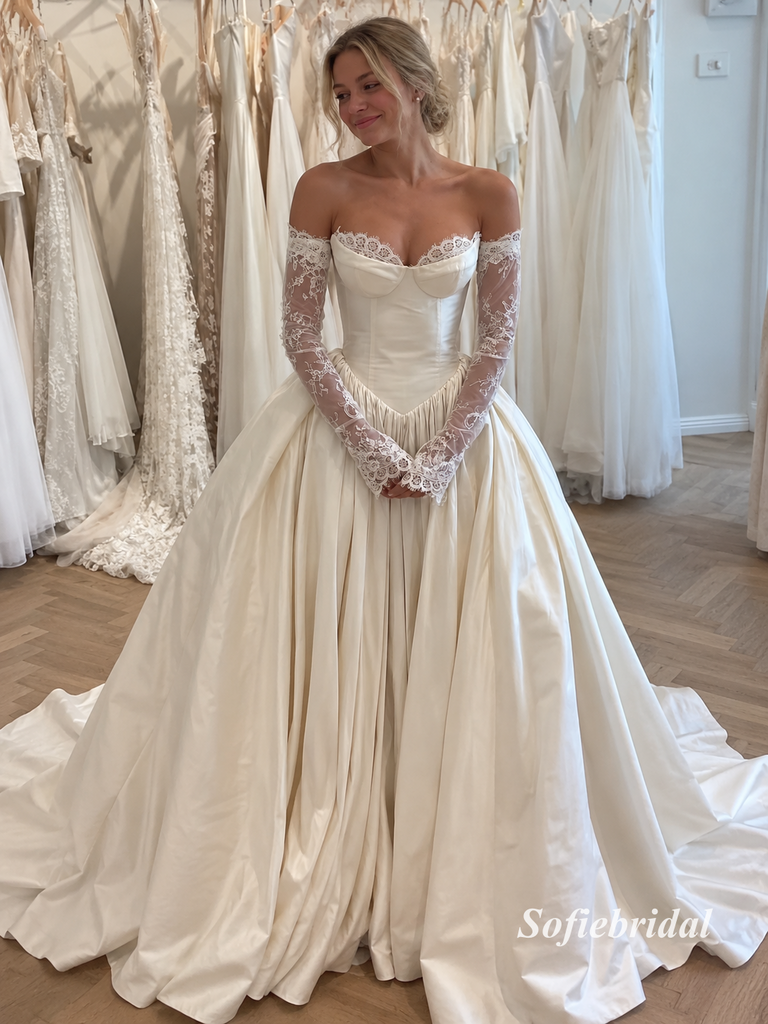 Off The Shoulder Lace Sleeve Corset Satin Ballgown Wedding Dress, SFWD0131