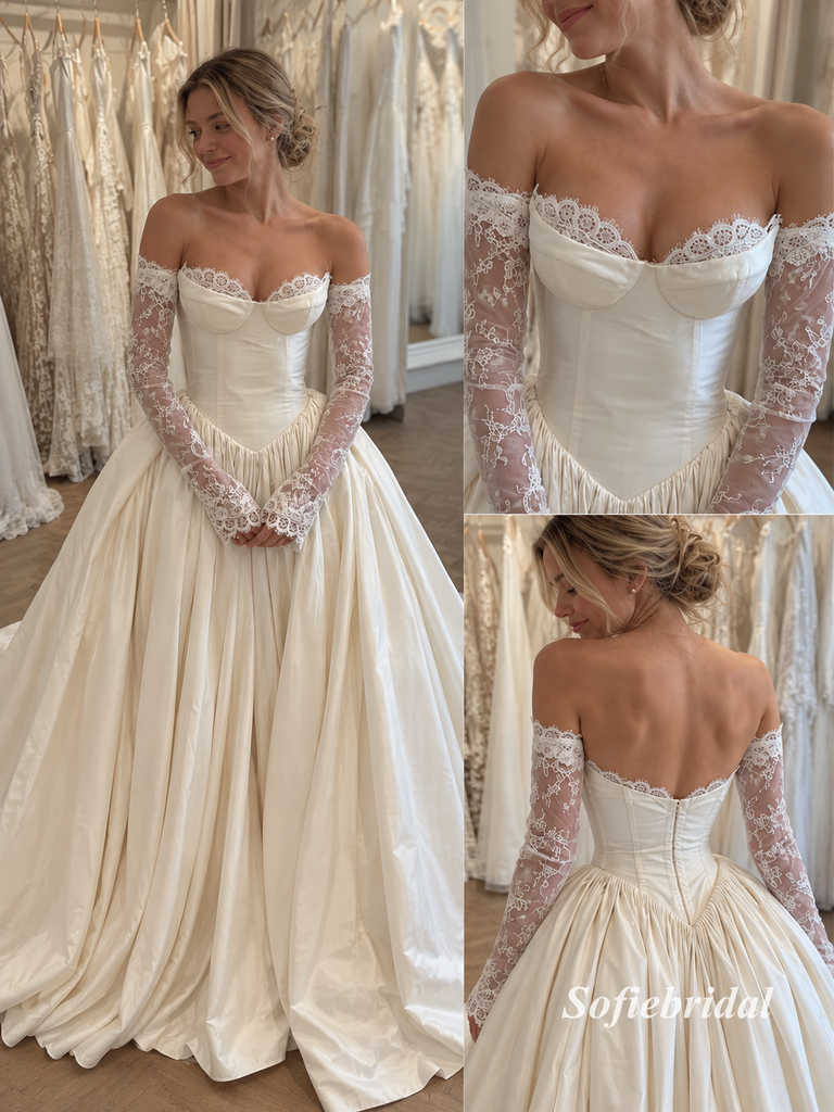 Off The Shoulder Lace Sleeve Corset Satin Ballgown Wedding Dress, SFWD0131