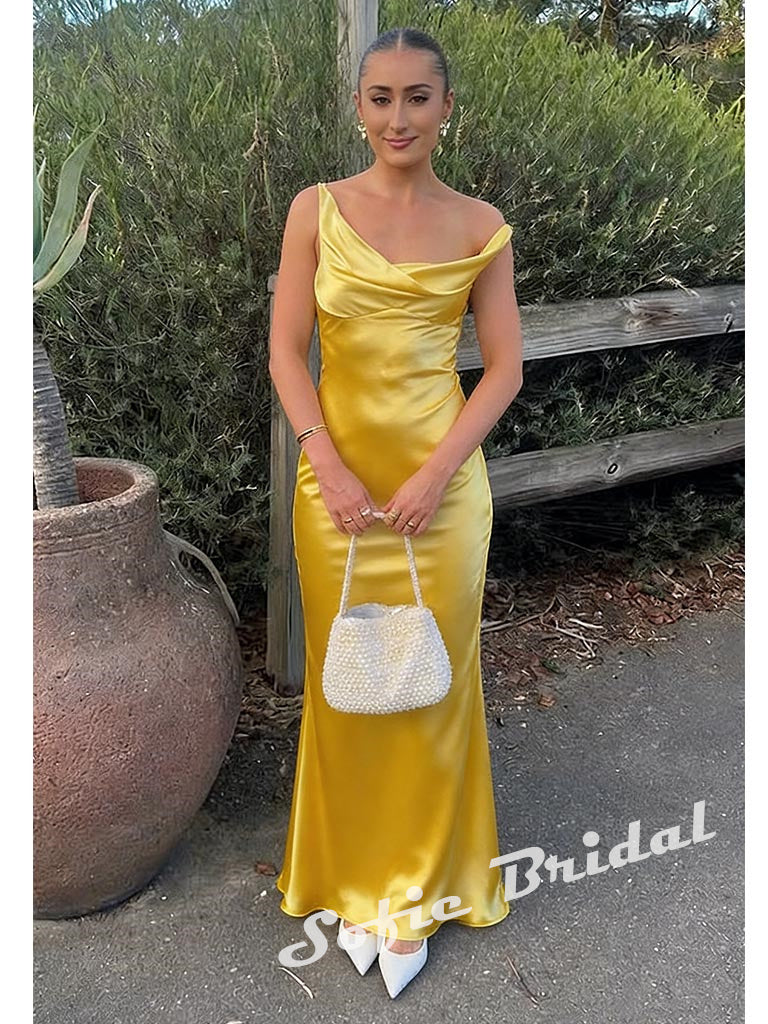 Sexy Soft Satin Asymmetrical Neck Sleeveless Mermaid Maxi Prom Dress/Wedding Guest Dresses, PD01176