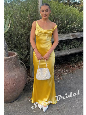 Sexy Soft Satin Asymmetrical Neck Sleeveless Mermaid Maxi Prom Dress/Wedding Guest Dresses, PD01176