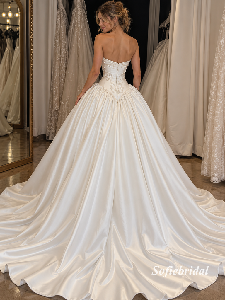 Strapless Sweetheart Satin Corset Ballgown Wedding Dress, Embroidery Bridal Gown with Train, SFWD0132