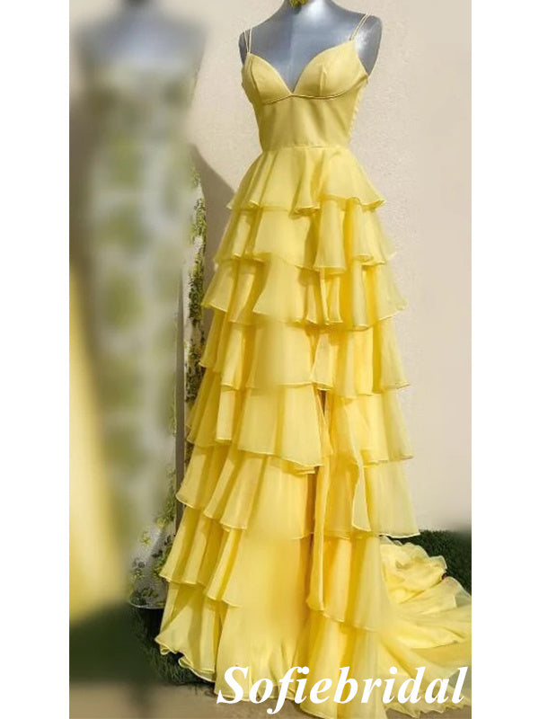 Elegant Yellow Spaghetti Straps V-Neck A-Line Long Prom Dress, PD01016