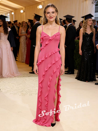 Sexy Chiffon Spaghetti Straps Sleeveless Side Slit Mermiad Maxi Prom Dress, PD01167