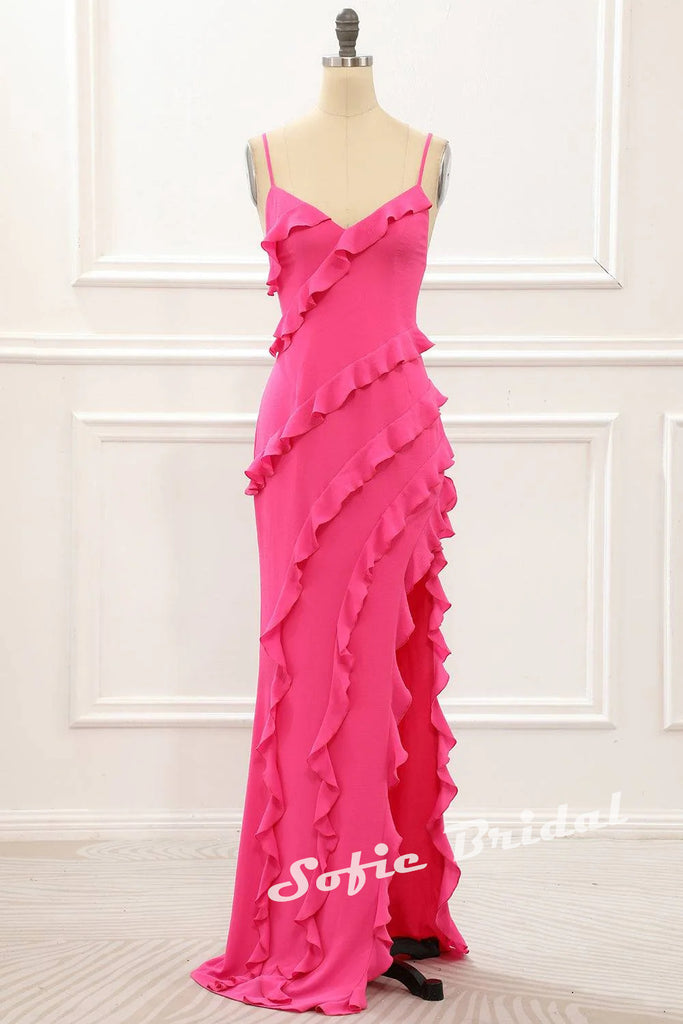 Sexy Chiffon Spaghetti Straps Sleeveless Side Slit Mermiad Maxi Prom Dress, PD01167