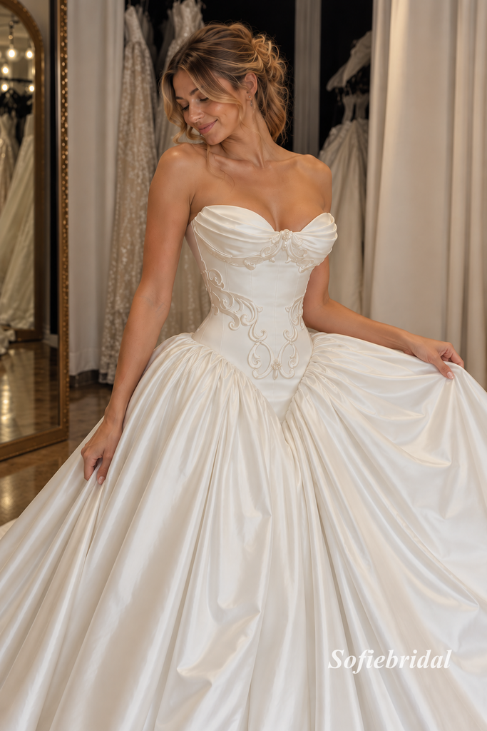 Strapless Sweetheart Satin Corset Ballgown Wedding Dress, Embroidery Bridal Gown with Train, SFWD0132