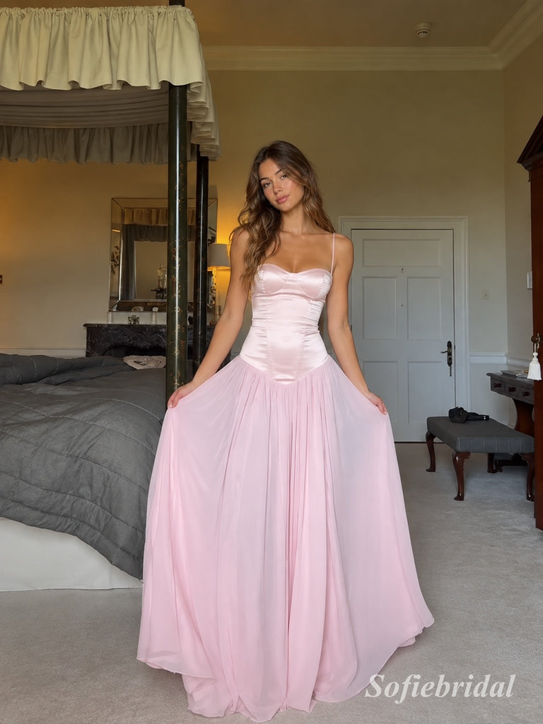 Blush Spaghetti Strap Satin Corset Tulle Dress, Sweetheart Floor Length Formal Gown,PD13897
