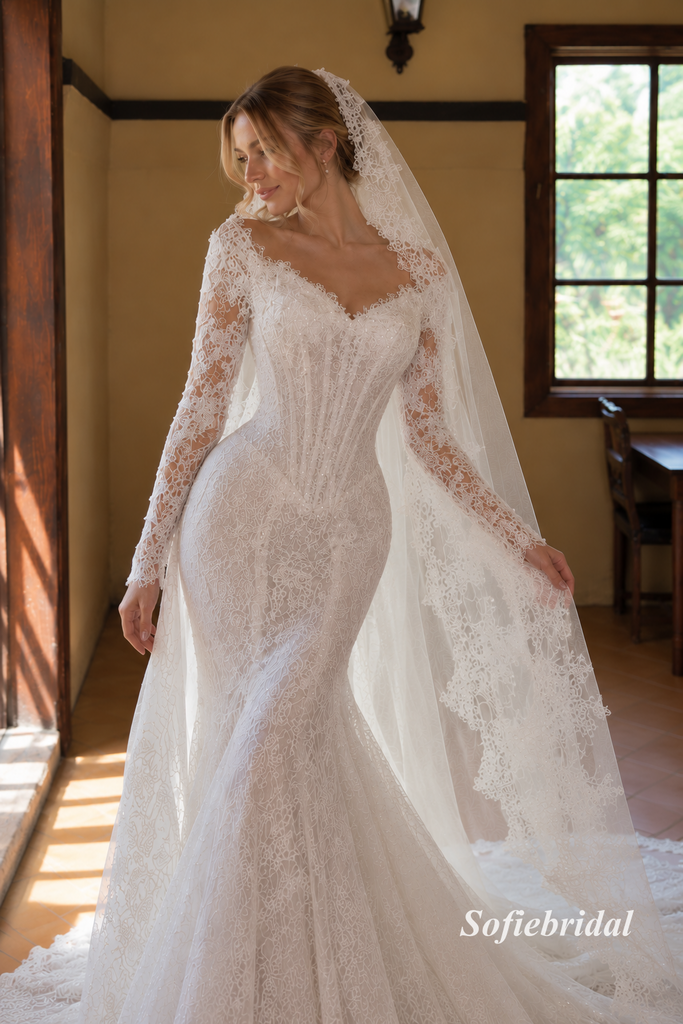 V Neck Long Sleeve Lace Mermaid Wedding Dress, Corset Bridal Gown with Lace Veil, SFWD0133