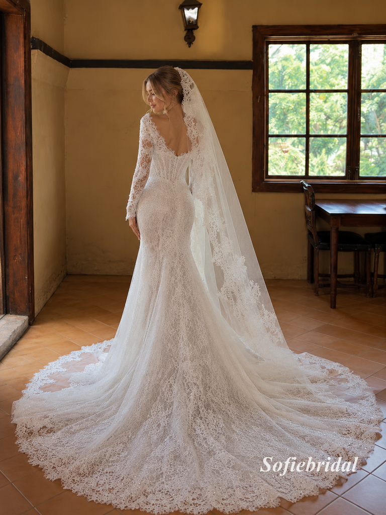 V Neck Long Sleeve Lace Mermaid Wedding Dress, Corset Bridal Gown with Lace Veil, SFWD0133