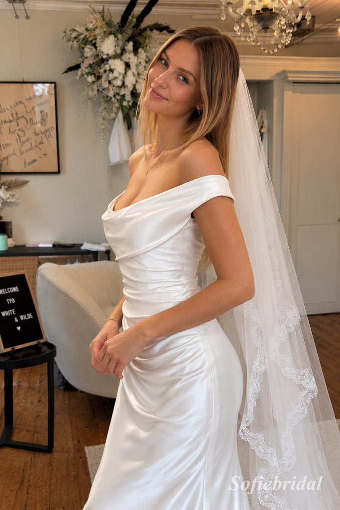 Off-the-Shoulder Draped Satin Wedding Dress, Ruched Bodice Floor Length Mermaid Bridal Gown,SFWD0122