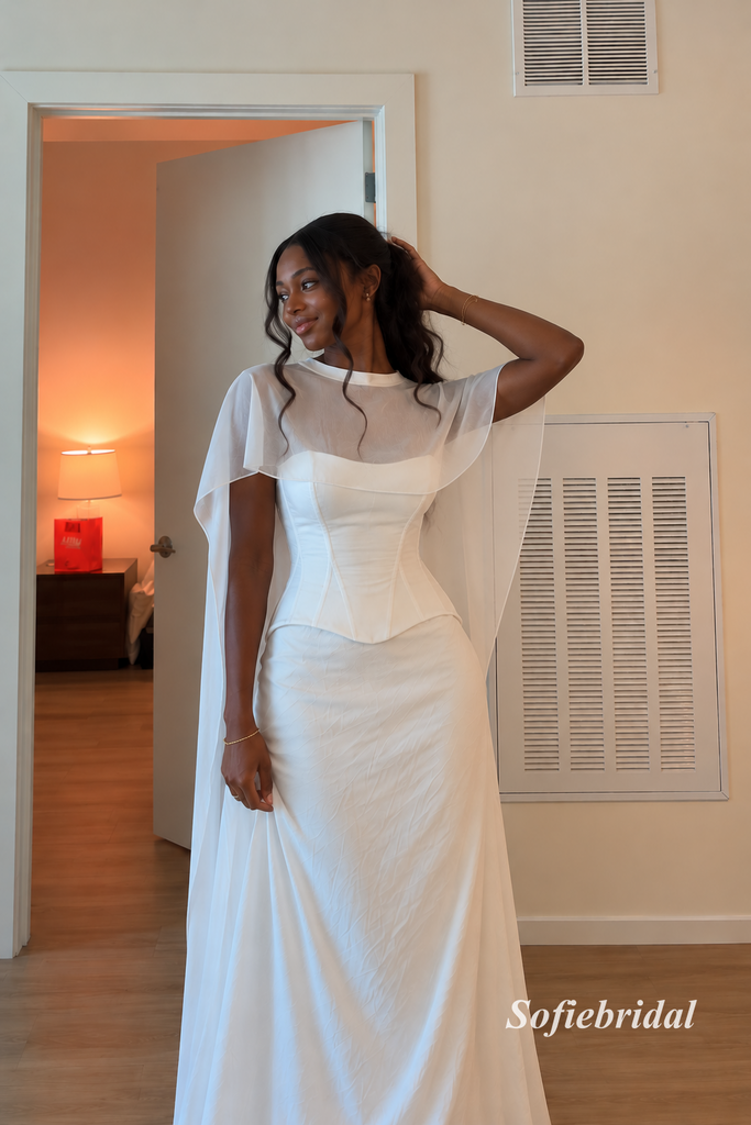 White Cape Sleeve Corset Mermaid Formal Evening Dress, Sheer Cape Overlay Wedding Reception Gown, PD13956