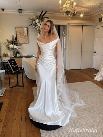 Off-the-Shoulder Draped Satin Wedding Dress, Ruched Bodice Floor Length Mermaid Bridal Gown,SFWD0122