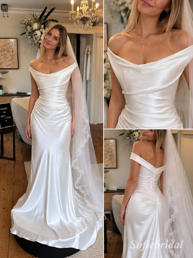 Off-the-Shoulder Draped Satin Wedding Dress, Ruched Bodice Floor Length Mermaid Bridal Gown,SFWD0122