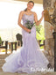 Elegant Tulle Spaghetti Straps Sleeveless Lace Up Back Mermaid Floor Length Prom Dress With Applique, PD01075