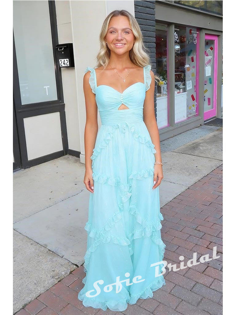 Sexy Chiffon Spaghetti Straps Sleeveless Ruffled A-Line Maxi Prom Dress/Graduation Dresses, PD01178