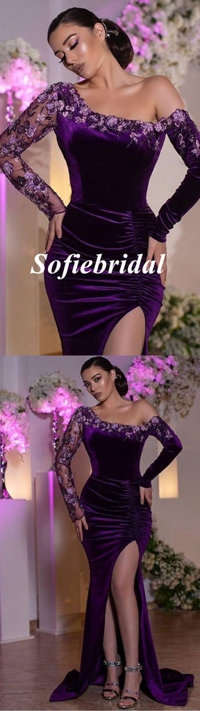 Elegant Purple Velvet Long Sleeves Side Slit Mermaid Long Prom Dresses With Appliques, PD0931