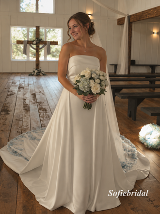Strapless Tube Satin A-Line Wedding Dress, Lace Applique Train Bridal Gown, SFWD0134