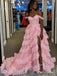Pink Off Shoulder Lace Tiered Tulle Dress, High Slit Floor Length Formal Gown,PD13898