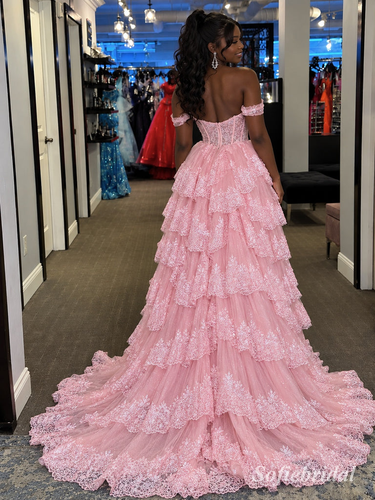 Pink Off Shoulder Lace Tiered Tulle Dress, High Slit Floor Length Formal Gown,PD13898