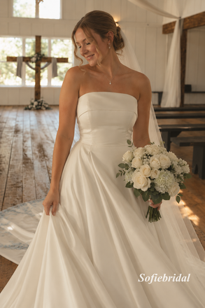 Strapless Tube Satin A-Line Wedding Dress, Lace Applique Train Bridal Gown, SFWD0134