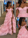 Pink Off Shoulder Lace Tiered Tulle Dress, High Slit Floor Length Formal Gown,PD13898