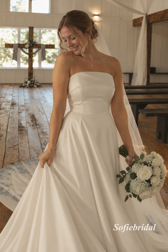 Strapless Tube Satin A-Line Wedding Dress, Lace Applique Train Bridal Gown, SFWD0134