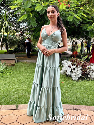 Sexy Soft Satin Spaghetti Straps V-Neck Sleeveless A-Line Floor Length Prom Dress, PD01099