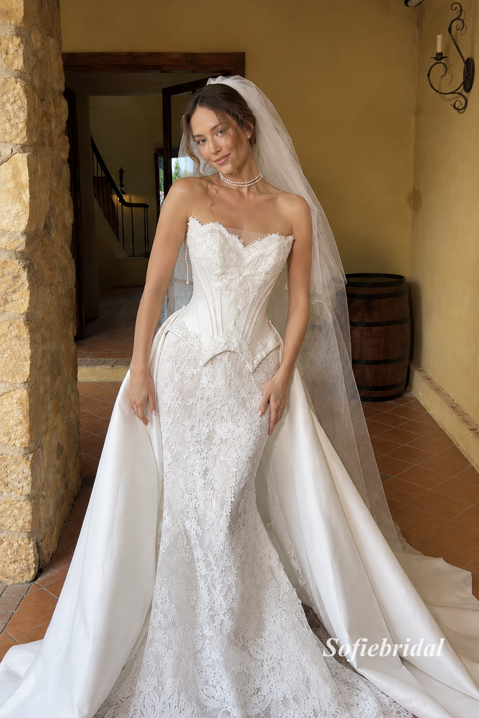 Strapless Sweetheart Lace Mermaid Wedding Dress, Detachable Satin Overskirt Bridal Gown, SFWD0135