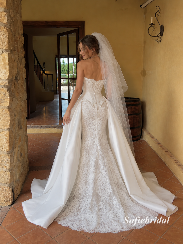 Strapless Sweetheart Lace Mermaid Wedding Dress, Detachable Satin Overskirt Bridal Gown, SFWD0135