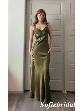 Sexy Soft Satin Spaghetti Straps V-Neck Sleeveless Mermaid Floor Length Prom Dress With Applique, PD01068